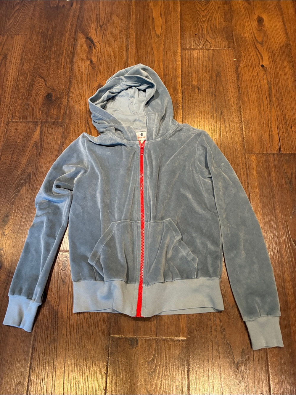 Sundry Light Blue Velour Hoodie with Red Zipper